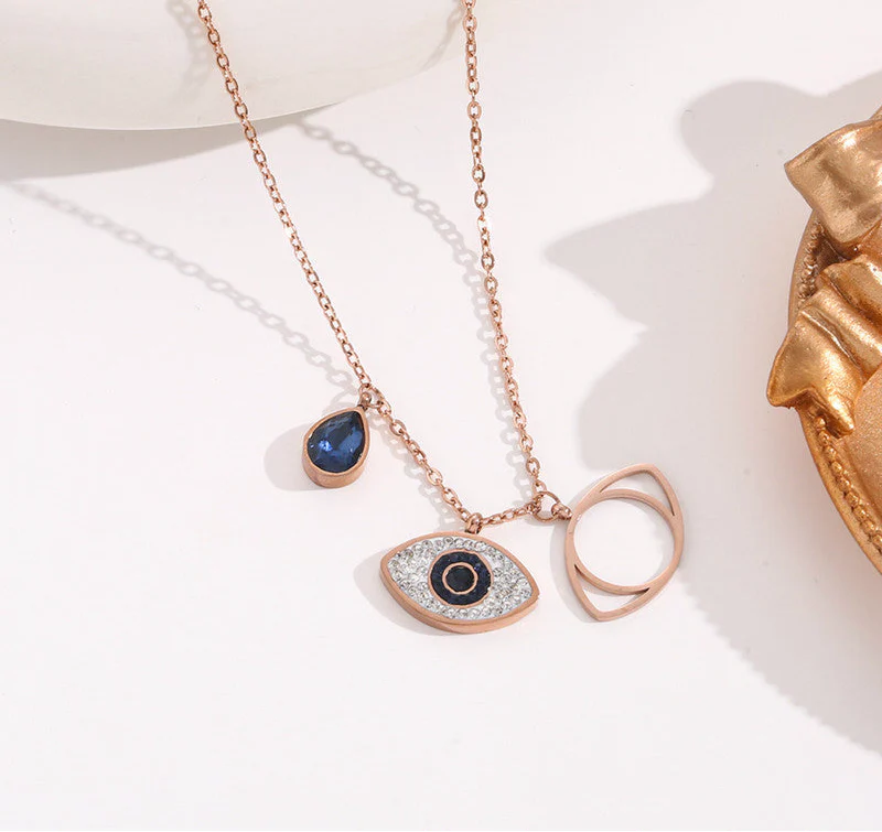 Rose Gold Plated Stainless Steel Evil Eye Pendant Necklace with American Diamonds-OSL-126