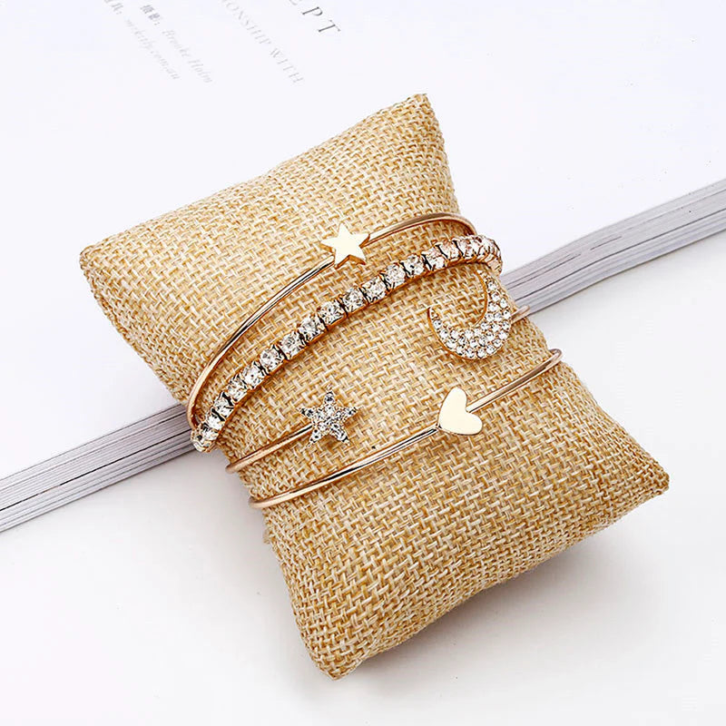 Scintillating American Diamond Star & Moon Bracelet Set (Pack of 4)-OSL118