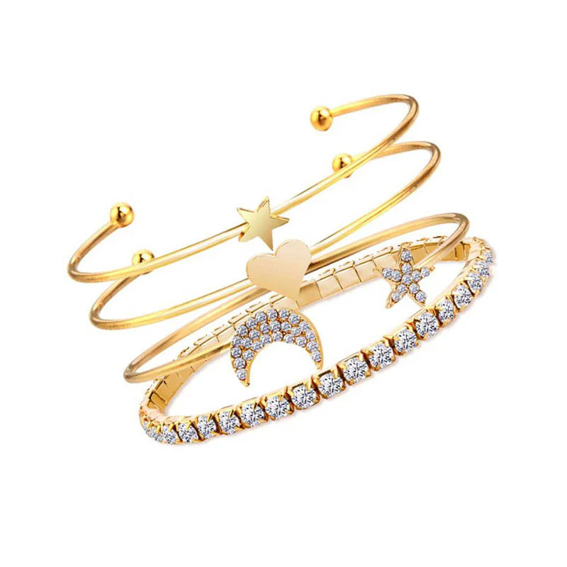 Scintillating American Diamond Star & Moon Bracelet Set (Pack of 4)-OSL118