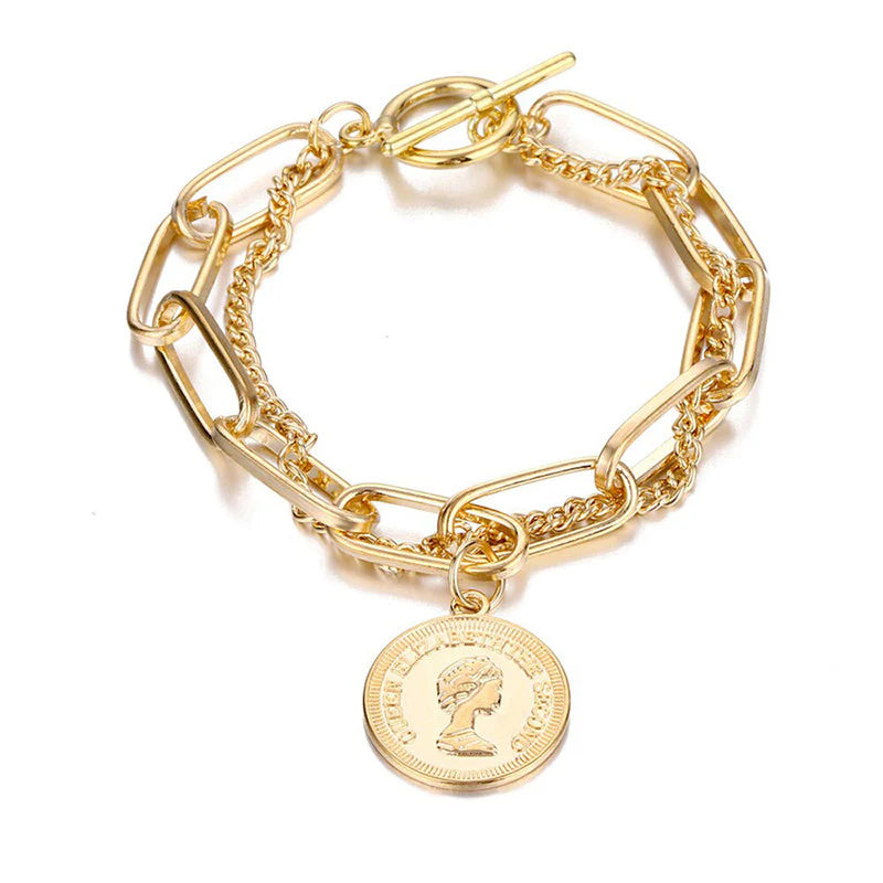 Stylish Coin Head Gold Plated Multi-Strand Bracelet-OSL116