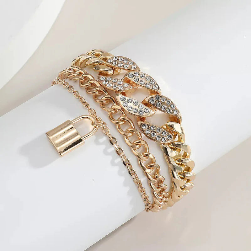 Gold Plated Stone-Studded Lock Multi-Strand Bracelet-OSL115