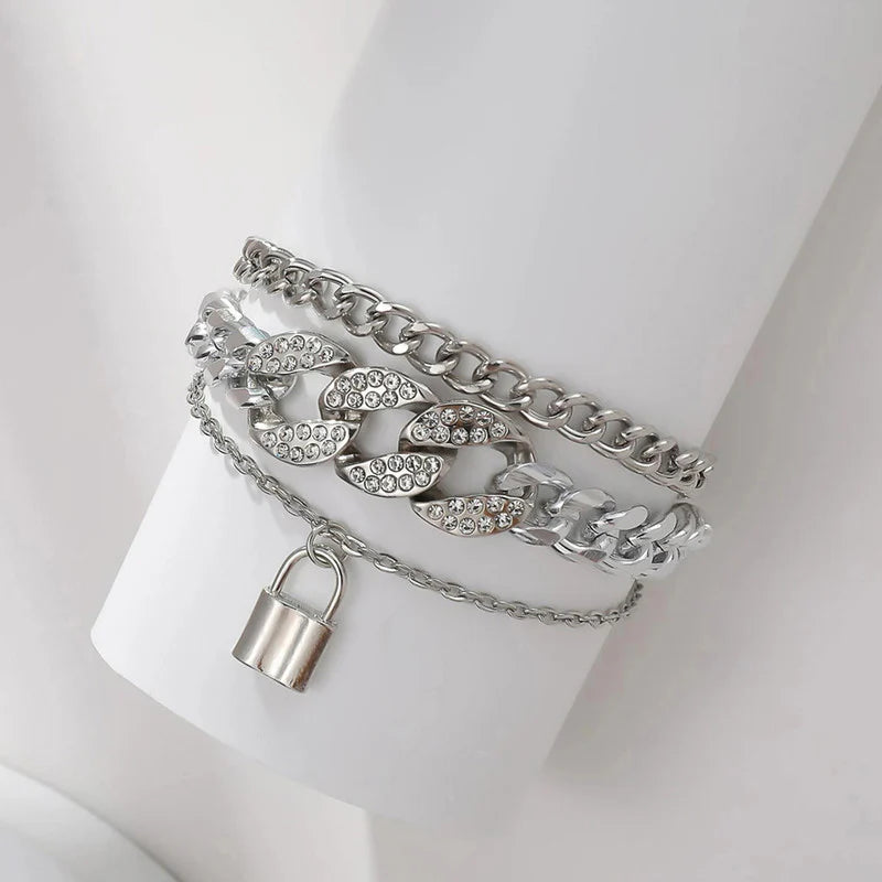 Silver Plated Stone-Studded Lock Multi-Strand Bracelet-OSL120