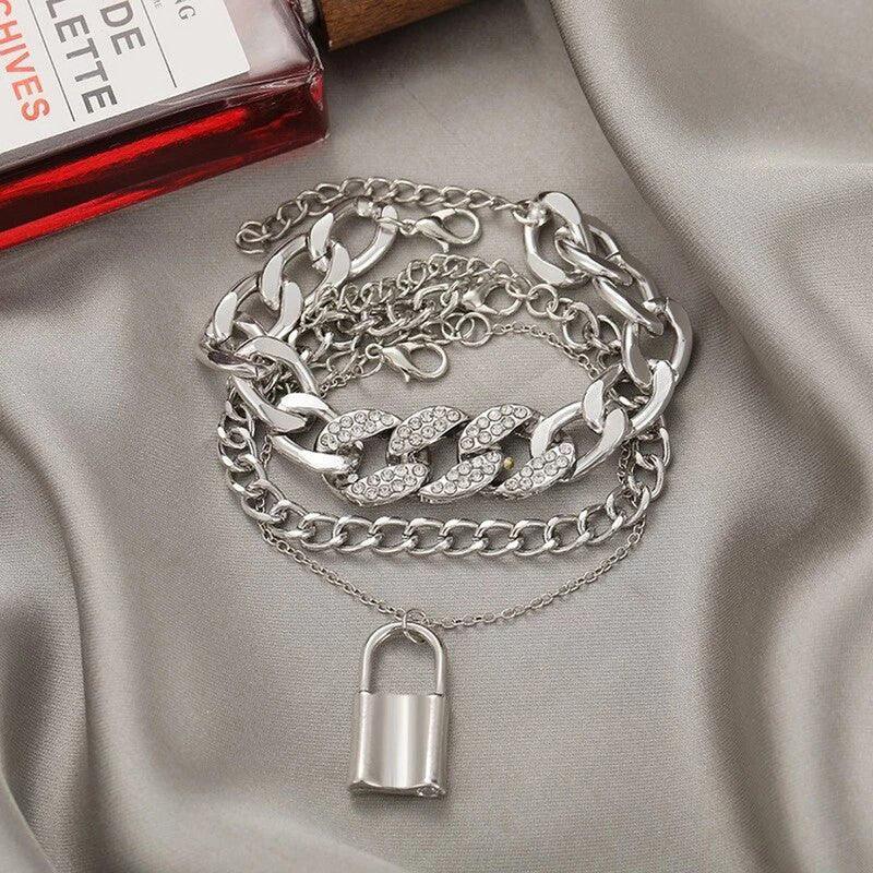 Silver Plated Stone-Studded Lock Multi-Strand Bracelet-OSL120