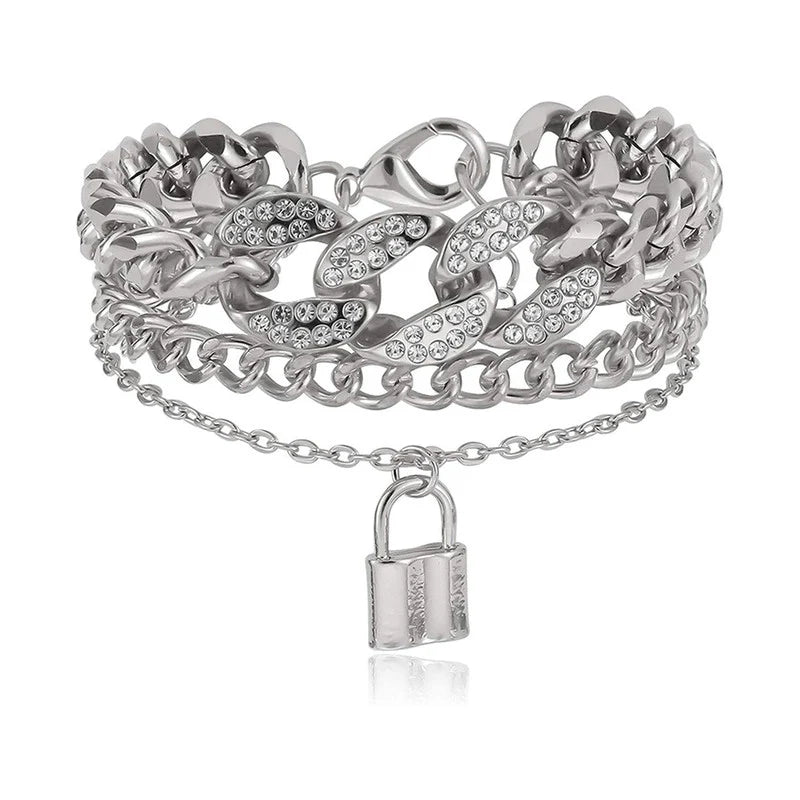 Silver Plated Stone-Studded Lock Multi-Strand Bracelet-OSL120