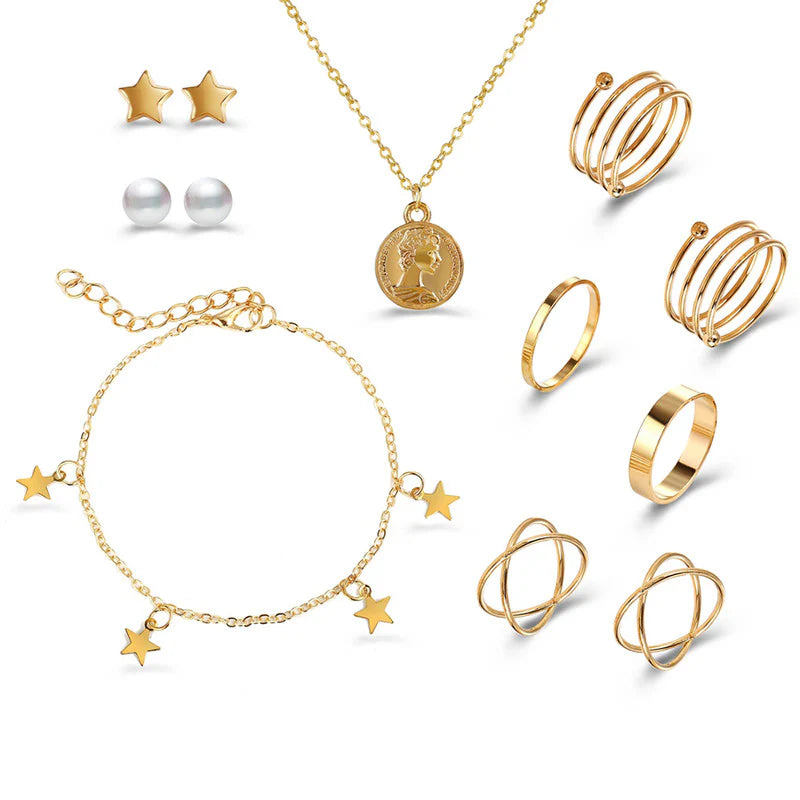 Pearl & Gold-Plated Jewellery Set with Necklace, Earrings, Rings & Bracelet for Women-OSL-142