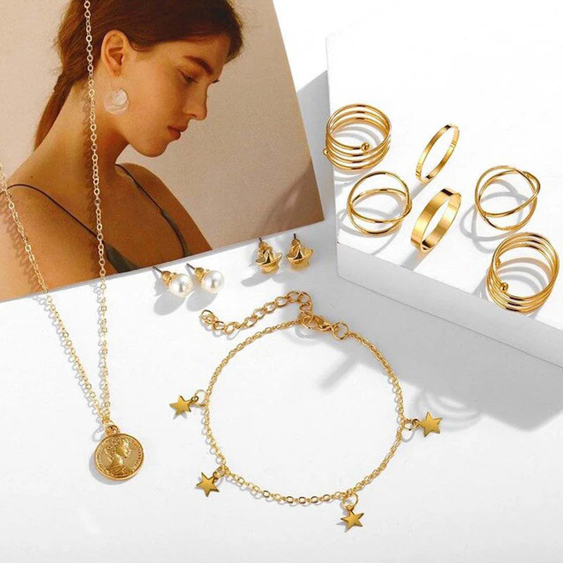 Pearl & Gold-Plated Jewellery Set with Necklace, Earrings, Rings & Bracelet for Women-OSL-142