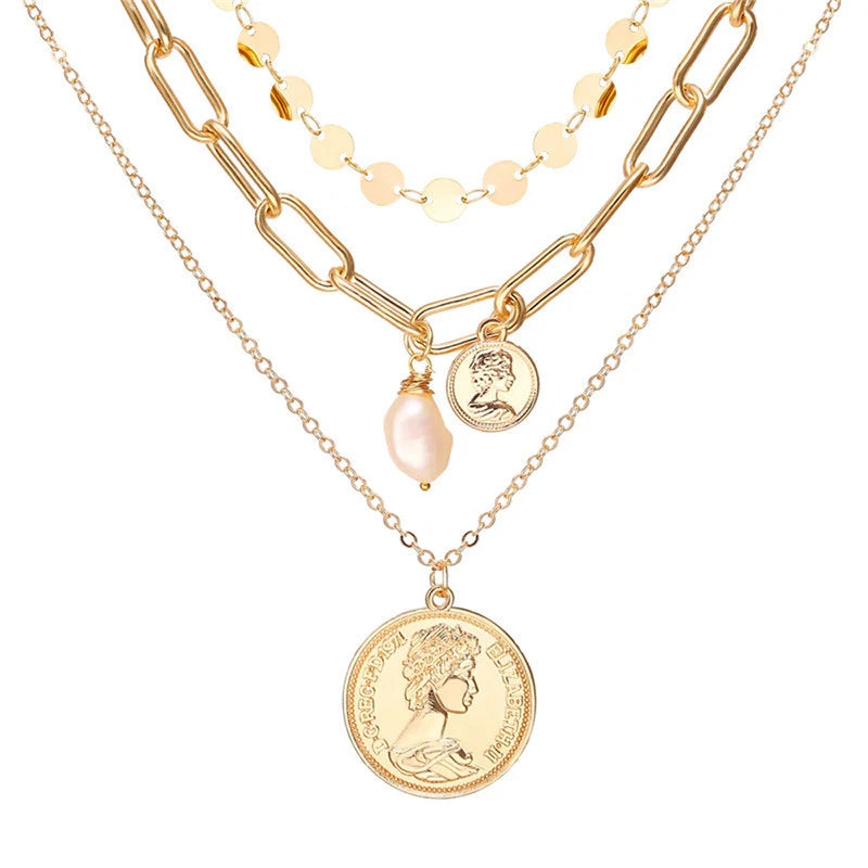 Gold Plated Coin-Inspired Layered Necklace for Women (Anti-Tarnish | Stainless Steel)-OSL-140