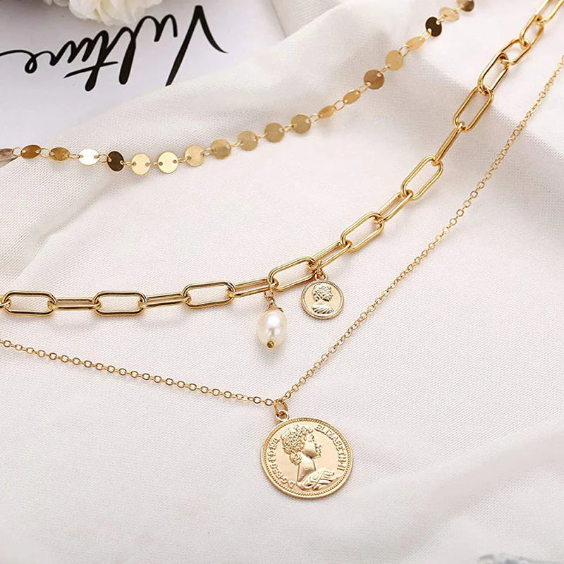 Gold Plated Coin-Inspired Layered Necklace for Women (Anti-Tarnish | Stainless Steel)-OSL-140