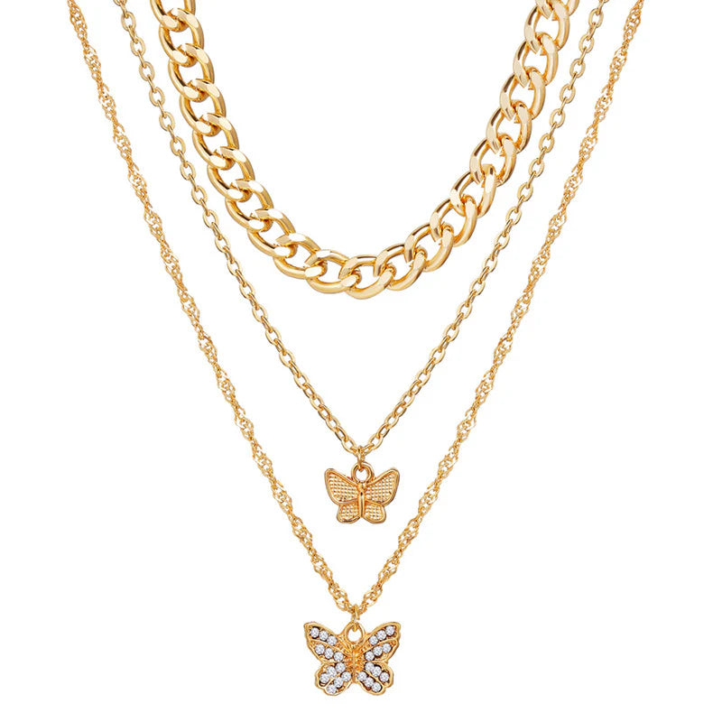 Gold Plated Multi-Strand Butterfly Necklace with American Diamonds for Women-OSL-136