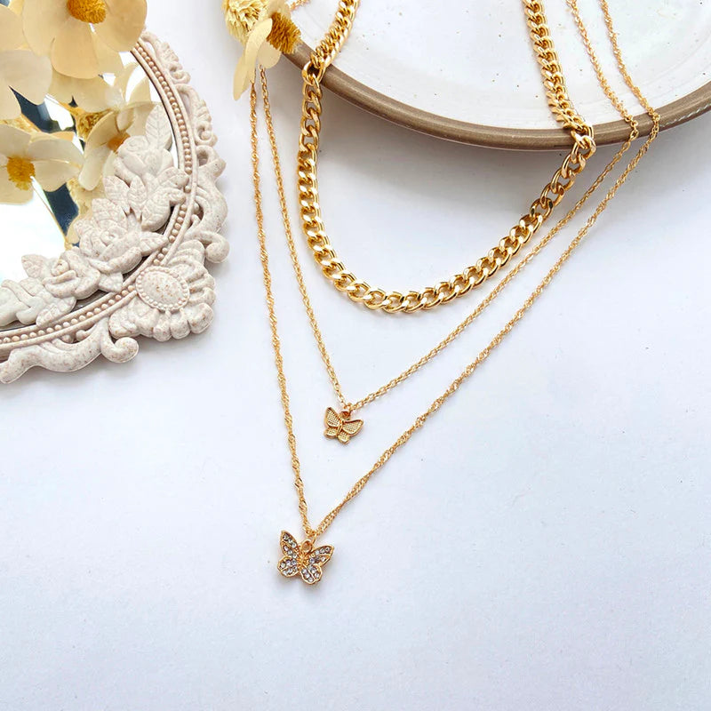Gold Plated Multi-Strand Butterfly Necklace with American Diamonds for Women-OSL-136