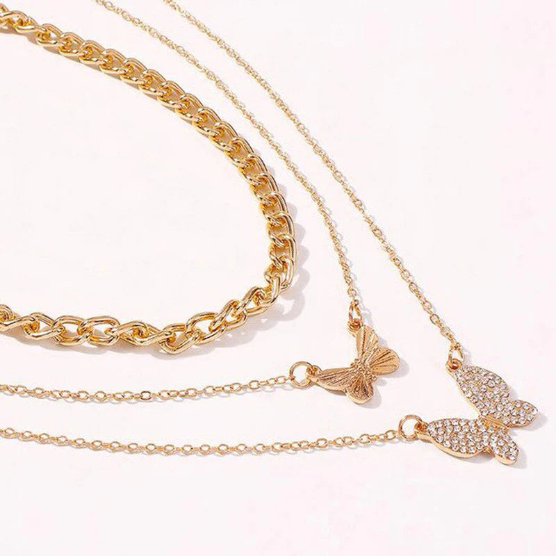 Gold Plated Multi-Strand Butterfly Necklace with American Diamonds for Women-OSL-136