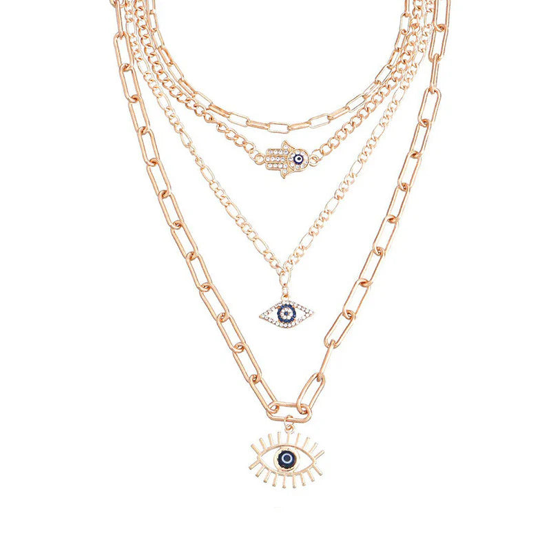 Gold Plated Evil Eye & Buddha Hand Layered Necklace for Women-OSL-124