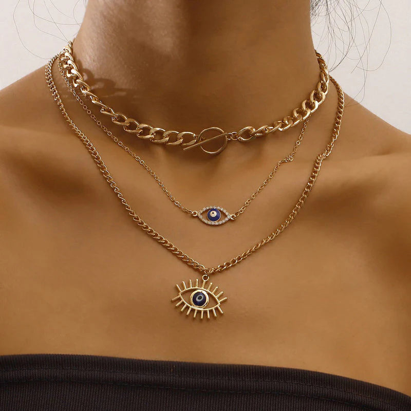 Gold Plated Evil Eye Layered Necklace-OSL123