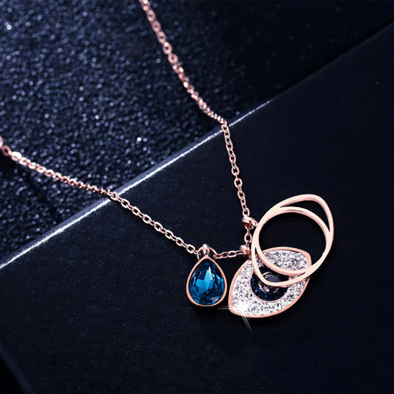 Rose Gold Plated Stainless Steel Evil Eye Pendant Necklace with American Diamonds-OSL-126