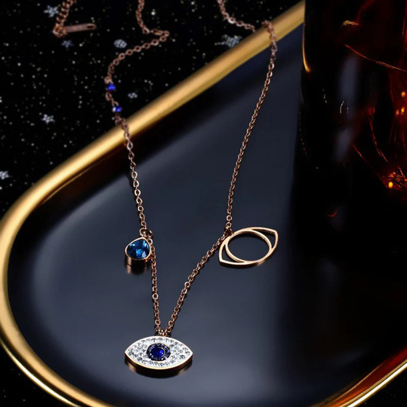 Rose Gold Plated Stainless Steel Evil Eye Pendant Necklace with American Diamonds-OSL-126