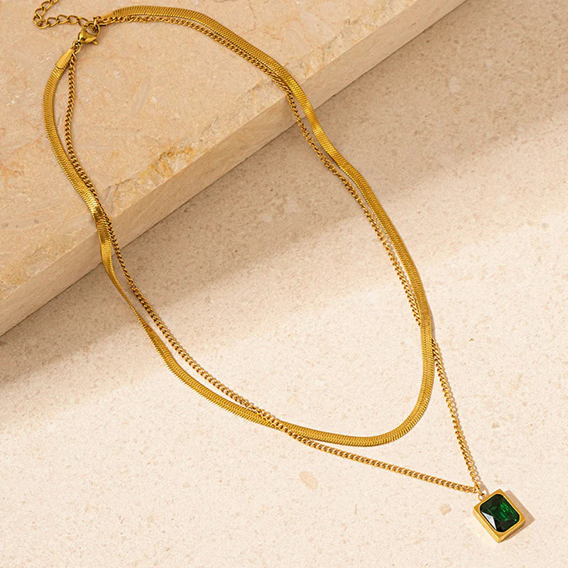 Gold Plated Anti-Tarnish Emerald Green Geometric Layered Necklace-OSL-130