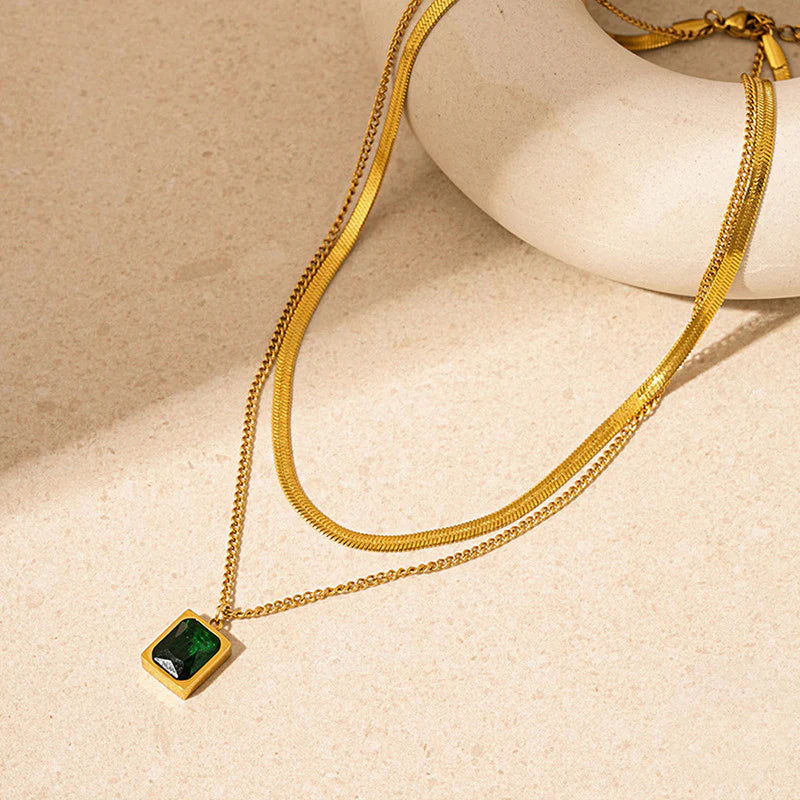 Gold Plated Anti-Tarnish Emerald Green Geometric Layered Necklace-OSL-130