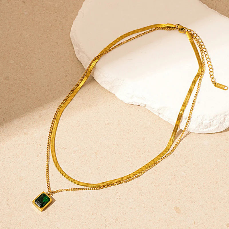 Gold Plated Anti-Tarnish Emerald Green Geometric Layered Necklace-OSL-130