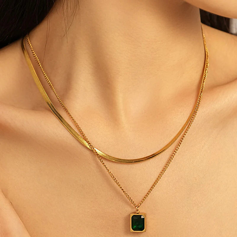 Gold Plated Anti-Tarnish Emerald Green Geometric Layered Necklace-OSL-130