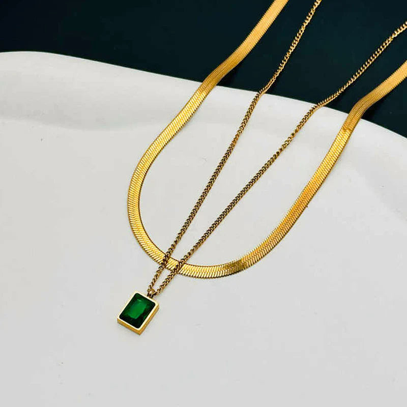 Gold Plated Anti-Tarnish Emerald Green Geometric Layered Necklace-OSL-130
