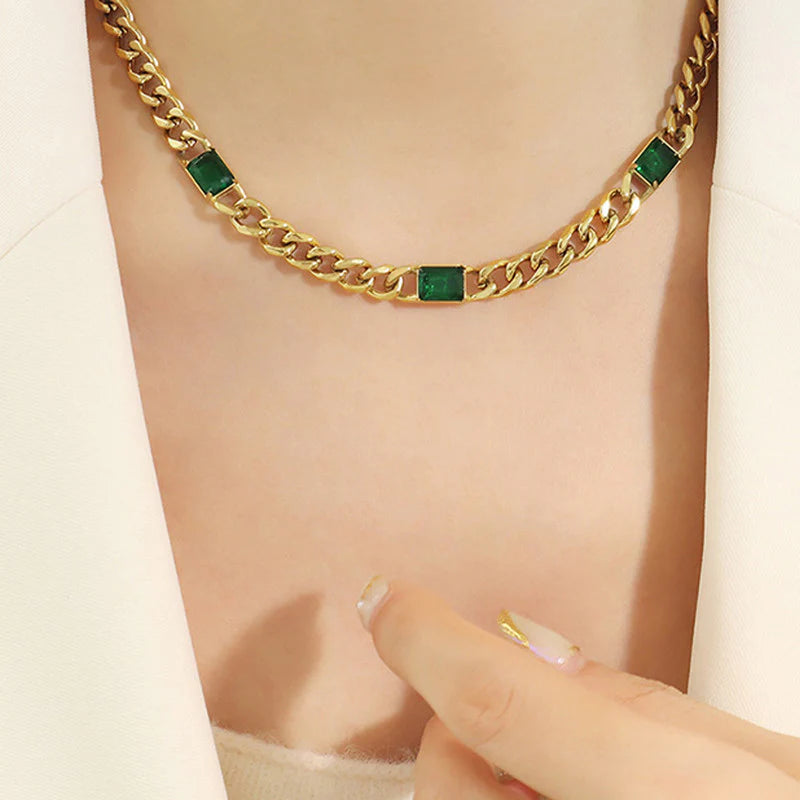 Gold Plated Stainless Steel Anti-Tarnish Cuban Necklace with Green Crystals-OSL-134