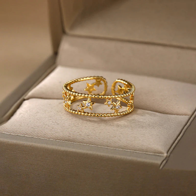 Gold Plated Anti-Tarnish Stainless Steel Star Themed Adjustable Finger Ring-OSL93