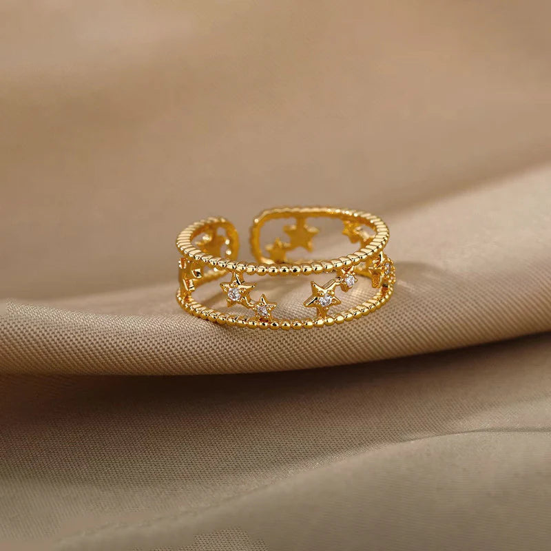 Gold Plated Anti-Tarnish Stainless Steel Star Themed Adjustable Finger Ring-OSL93