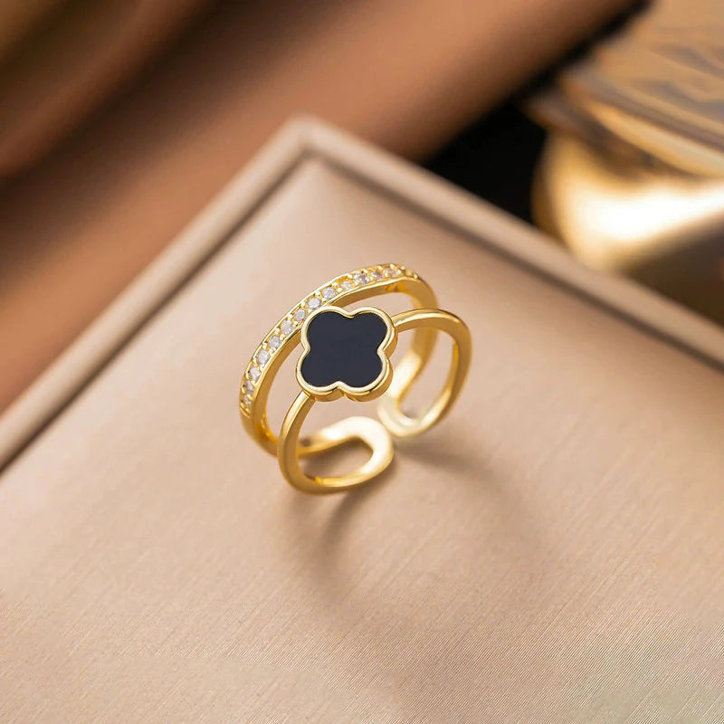 Gold Plated Anti-Tarnish Stainless Steel Clover Themed Adjustable Finger Ring-OSL94