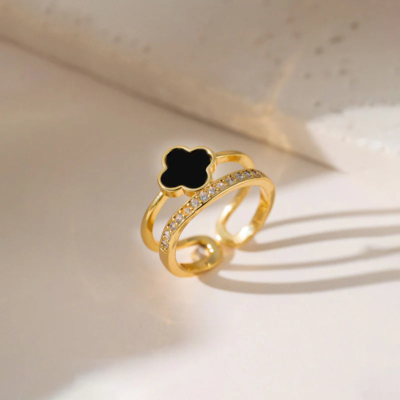Gold Plated Anti-Tarnish Stainless Steel Clover Themed Adjustable Finger Ring-OSL94