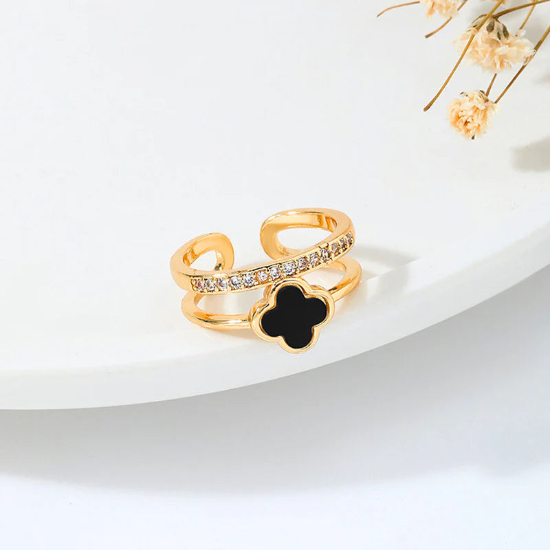Gold Plated Anti-Tarnish Stainless Steel Clover Themed Adjustable Finger Ring-OSL94