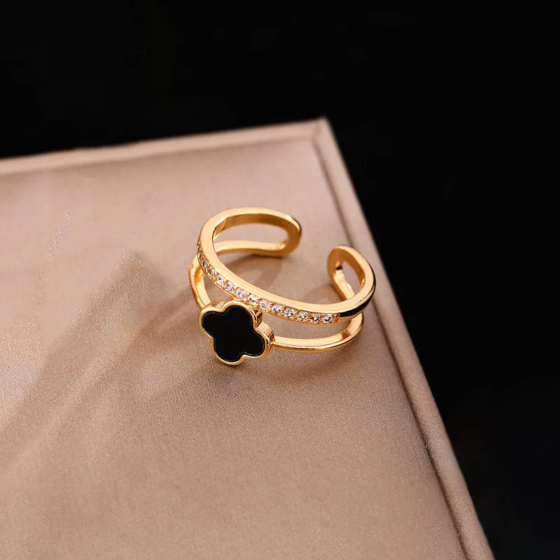 Gold Plated Anti-Tarnish Stainless Steel Clover Themed Adjustable Finger Ring-OSL94