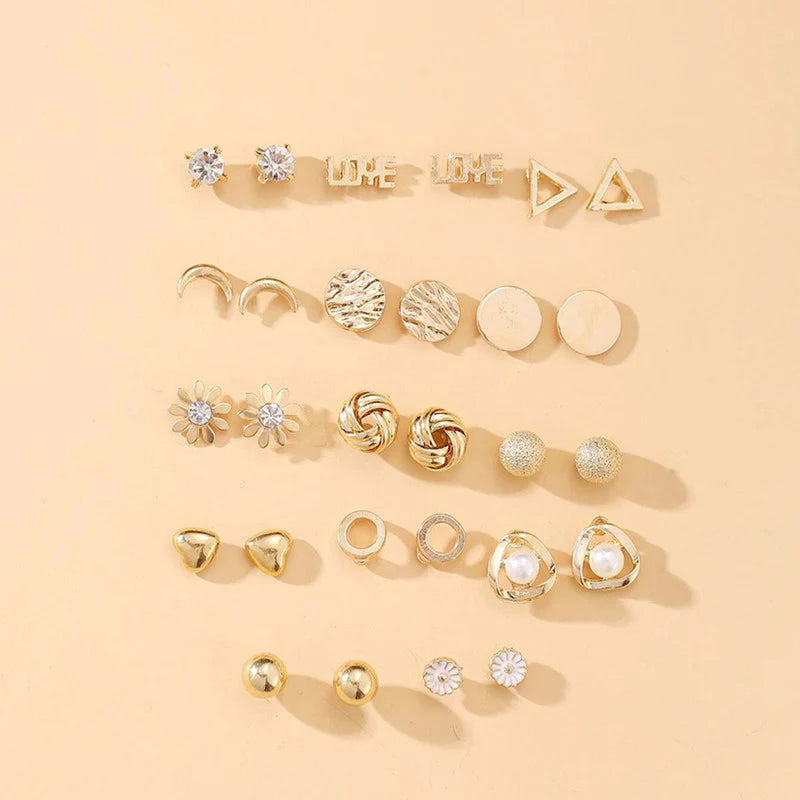 Gold Plated Stud Earrings Combo (Pack of 14)-OSL112