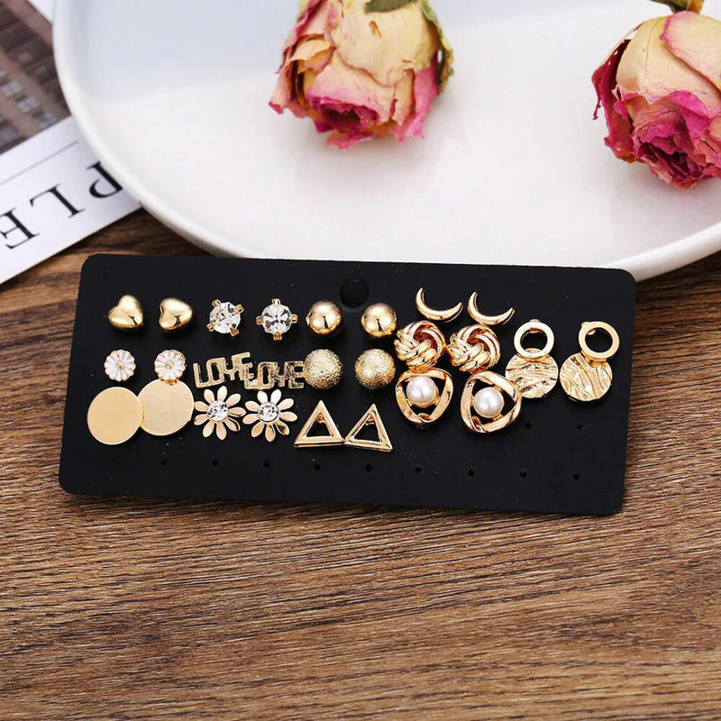 Gold Plated Stud Earrings Combo (Pack of 14)-OSL112