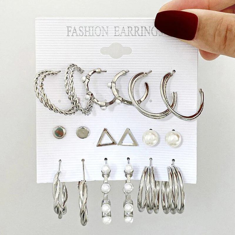 Silver Plated Contemporary Hoop Earrings Set (Pack of 9)-OSL108