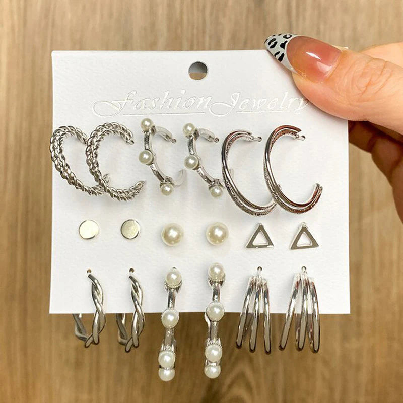 Silver Plated Contemporary Hoop Earrings Set (Pack of 9)-OSL108