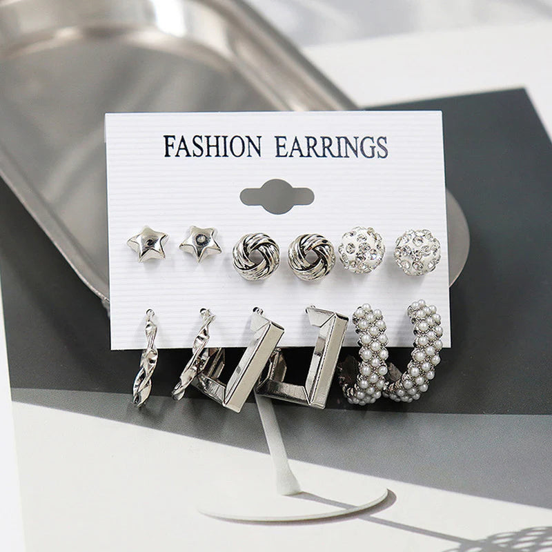 Gold Plated White Studs, Hoops & Drop Earrings Set (Pack of 6)-OSL107