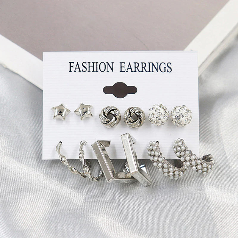 Gold Plated White Studs, Hoops & Drop Earrings Set (Pack of 6)-OSL107
