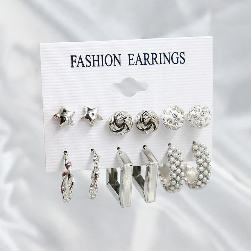 Gold Plated White Studs, Hoops & Drop Earrings Set (Pack of 6)-OSL107