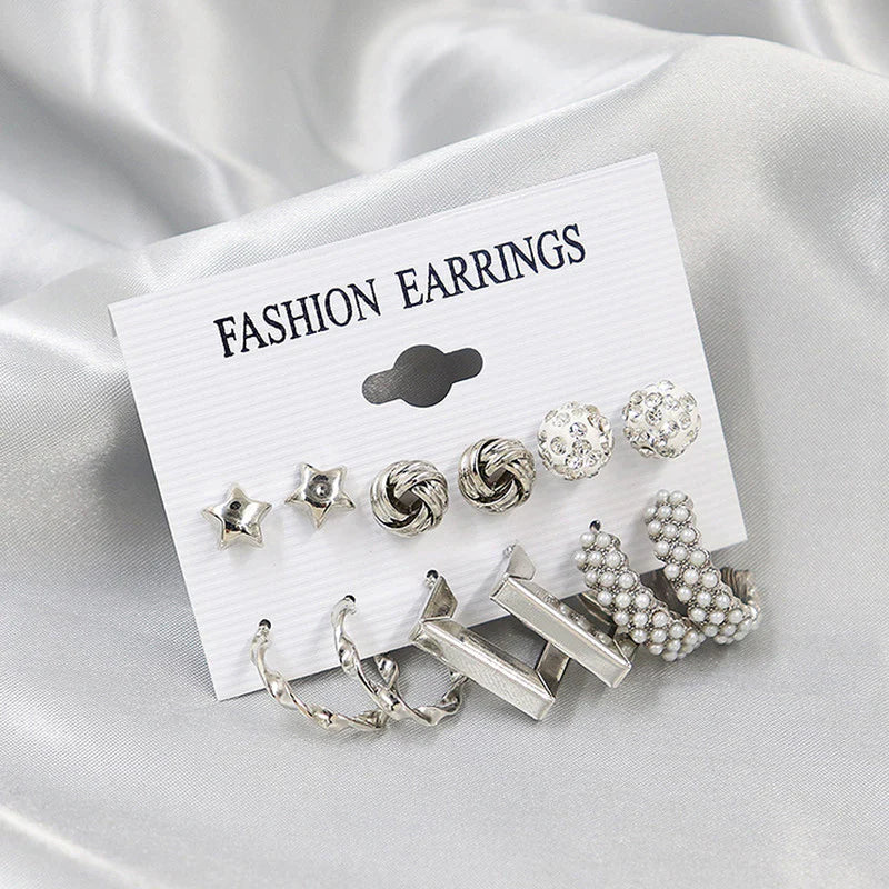 Gold Plated White Studs, Hoops & Drop Earrings Set (Pack of 6)-OSL107