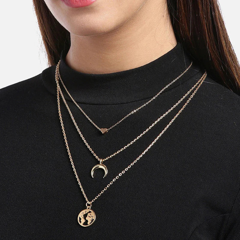 Gold Plated Moon, Star & World Layered Necklace for Women (Anti-Tarnish)-OSL-145