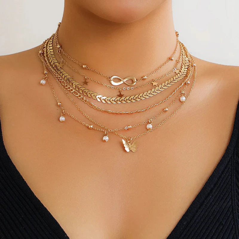 Gold Plated Layered Necklace Set (Pack of 6 | Anti-Tarnish)-OSL-147
