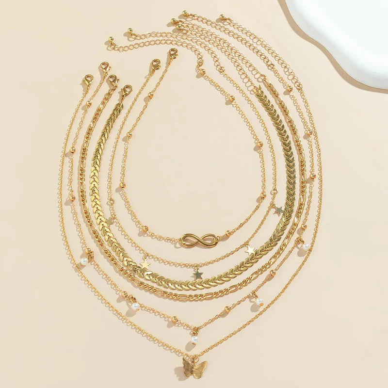 Gold Plated Layered Necklace Set (Pack of 6 | Anti-Tarnish)-OSL-147