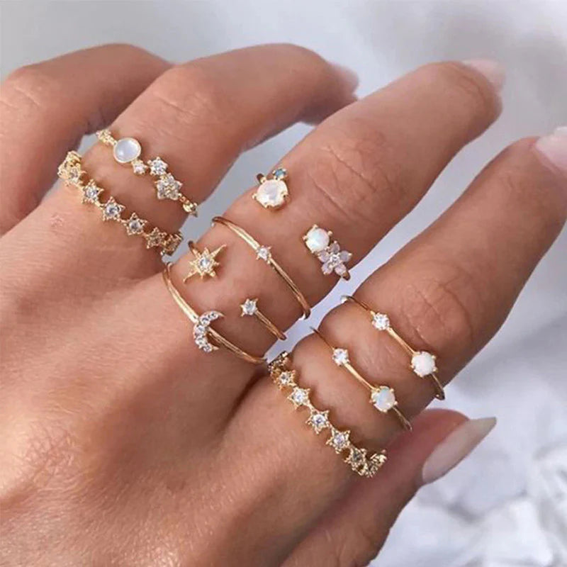 Trending Gold Plated Love-Inspired Set of 9 Stackable Finger Rings-OSL95