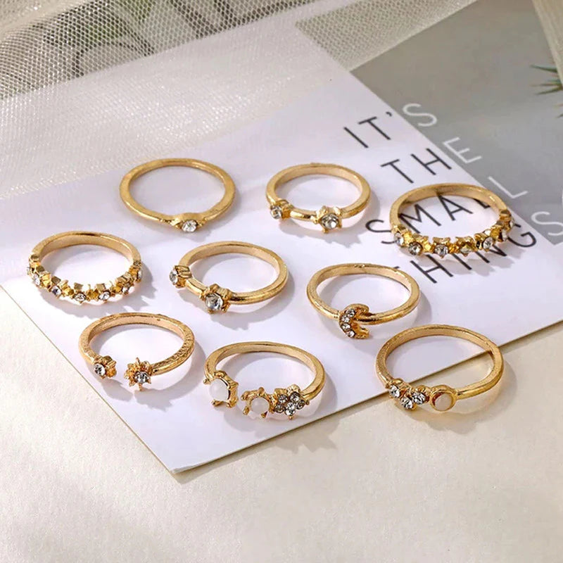Trending Gold Plated Love-Inspired Set of 9 Stackable Finger Rings-OSL95