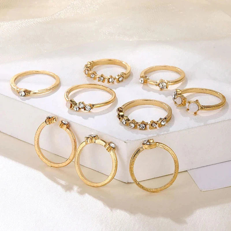 Trending Gold Plated Love-Inspired Set of 9 Stackable Finger Rings-OSL95