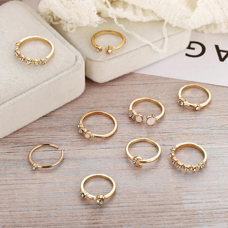 Trending Gold Plated Love-Inspired Set of 9 Stackable Finger Rings-OSL95