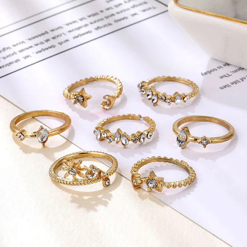 Gold Plated Stackable Moon-Star Rings Set of 7 for Women-OSL-103