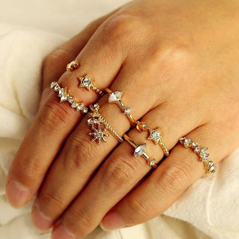 Gold Plated Stackable Moon-Star Rings Set of 7 for Women-OSL-103
