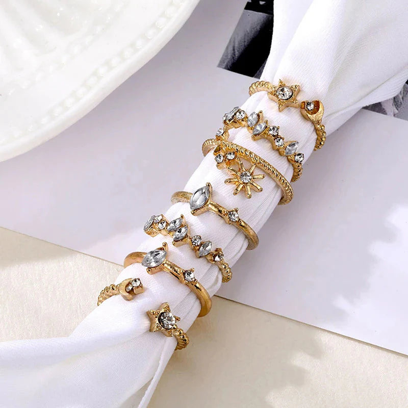 Gold Plated Stackable Moon-Star Rings Set of 7 for Women-OSL-103