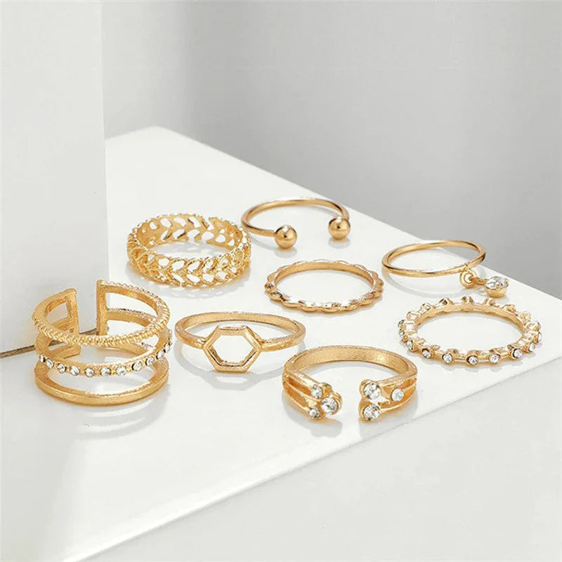 Gold Plated Gold-Toned Contemporary Stackable Rings Set of 8 for Women-OSL-100